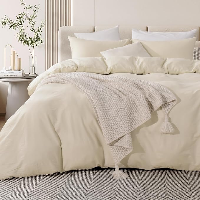 NEXHOME PRO Duvet Cover Set 100% Washed Cotton Full Size Linen Feel Textured by NEXHOMEPRO