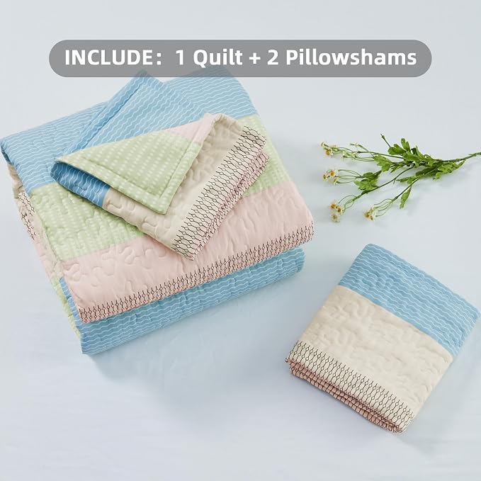 Andency Queen Quilt Bedding Set Blue Pink, 3 Pieces Patchwork Summer Striped - Image 6
