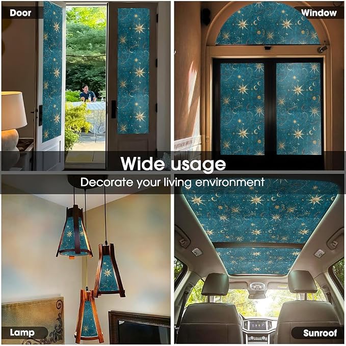 Teal Blue Navy Yellow Star Ethnic Stained Glass Window Films Decorative - Image 5