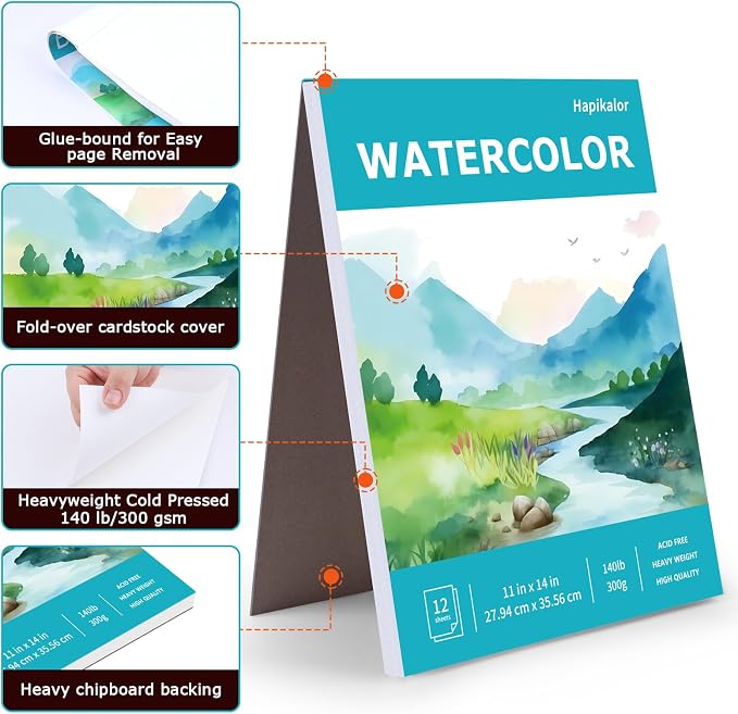 Hapikalor 11"x14" Watercolor Paper Pad, 140lb/300gsm Artist Painting Drawing - Image 7