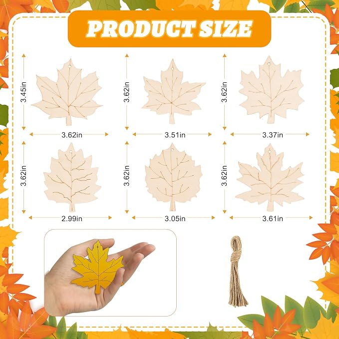 24 PCS Unfinished Wooden Fall Crafts, Maple Leaves Shaped Hanging Ornaments DIY - Image 2