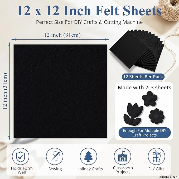 12" x 12" Felt Sheets for Crafts, 2mm Stiff Felt Fabric, Polyester Felt Squares - Image 3