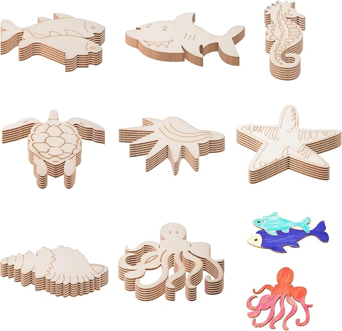 80PCS Unfinished Wood Ocean Animal Cutouts by QDXATIVP