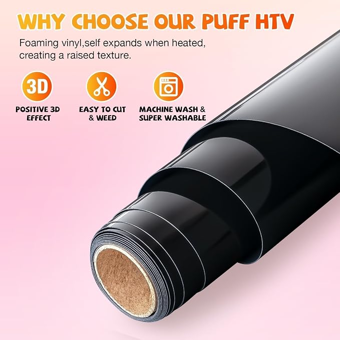 VinylRus Black Puff Vinyl Heat Transfer -12” x 6ft Puffy 3D Iron on Vinyl - Image 5