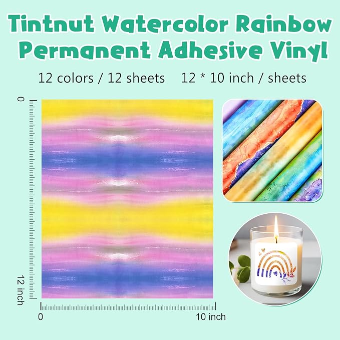 Tintnut Rainbow Watercolor Permanent Vinyl 12 Sheets 12x10in Adhesive Vinyl | - Image 2