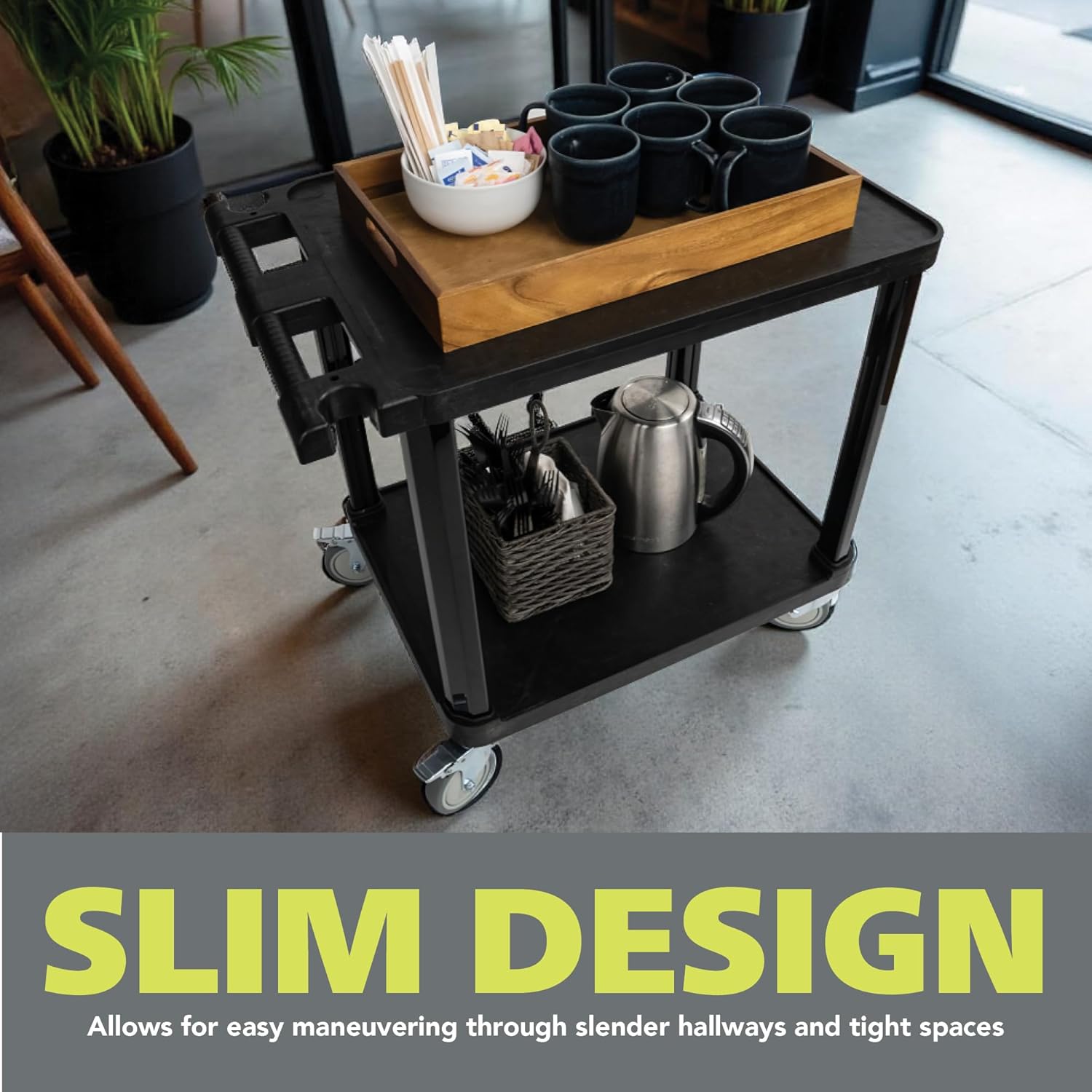 Pearington 2-Tier Compact Multi-Purpose Plastic Utility Cart with Lockable Wheels up to 150lbs, Black