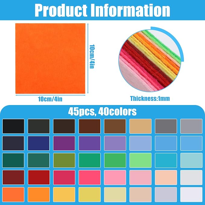 45 Pcs Assorted Felt Sheets Felt Fabric 4"x4" Stiff Felts Craft Squares - Image 2