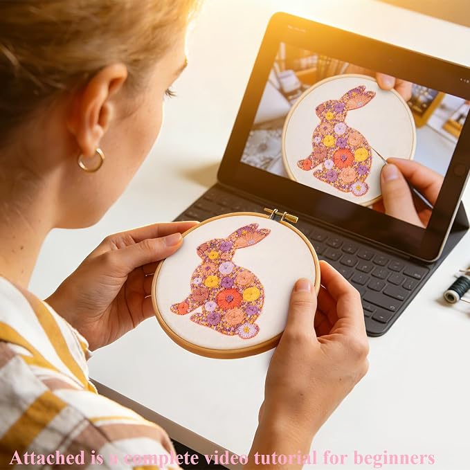 Easter Embroidery Kits for Beginners Adults, Flowers Bunny Embroidery Kits - Image 5