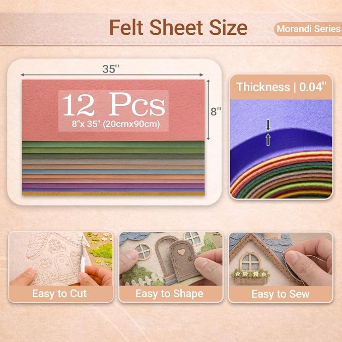 Large Stiff Felt Sheets 8"x35" – 12 Assorted Colors Felt Fabric Bundle Pack - Image 3