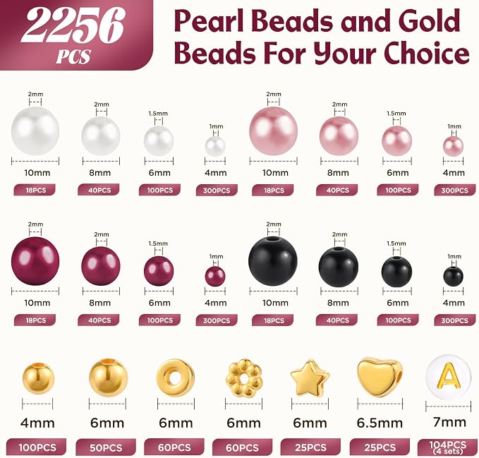 2256pcs Pearl Beads for Jewelry Making, Funtopia 4 Sizes Pink Black White Round - Image 5