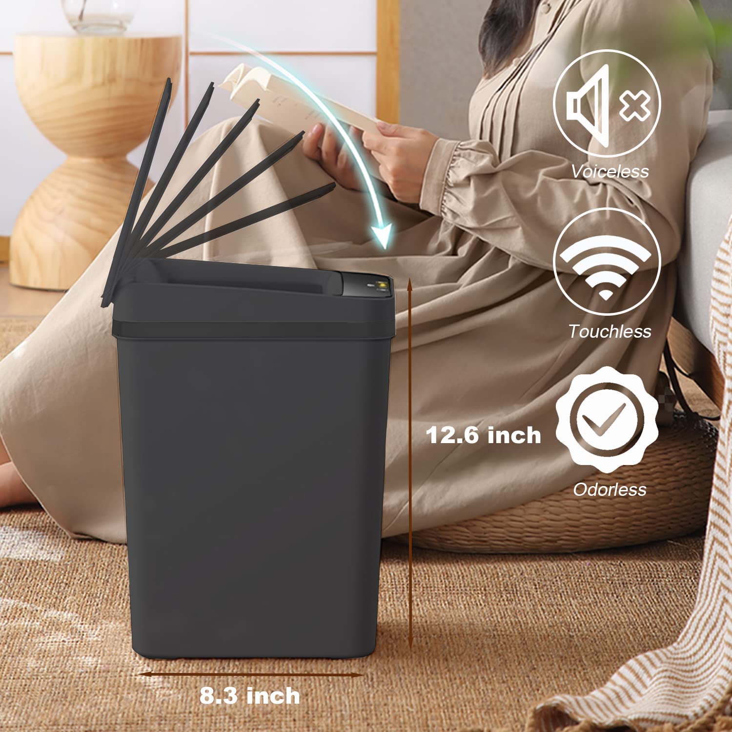 Yatmung Touchless Bathroom Trash Can - 2.5 Gallon Smart Trash Can Sensor Motion - Skinny Trash Bin with Lid - Electric, Narrow, Plastic, Auto Open - Small Slim Automatic Garbage Can (Black)