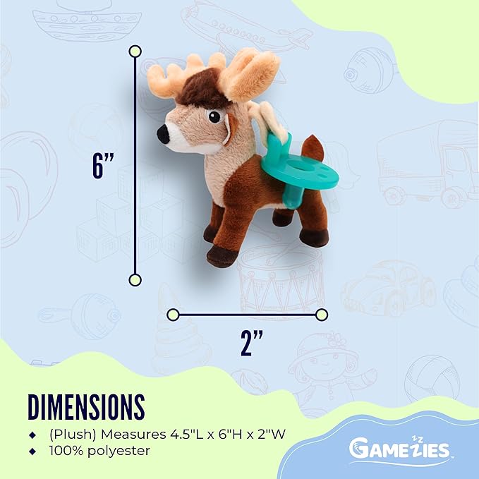 Gamezies Baby Boy and Girl Silicone Pacifier with Detachable Outdoor Plush Toy Holder, White Tail CPSIA Tested, BPA-Free 0-6 Months