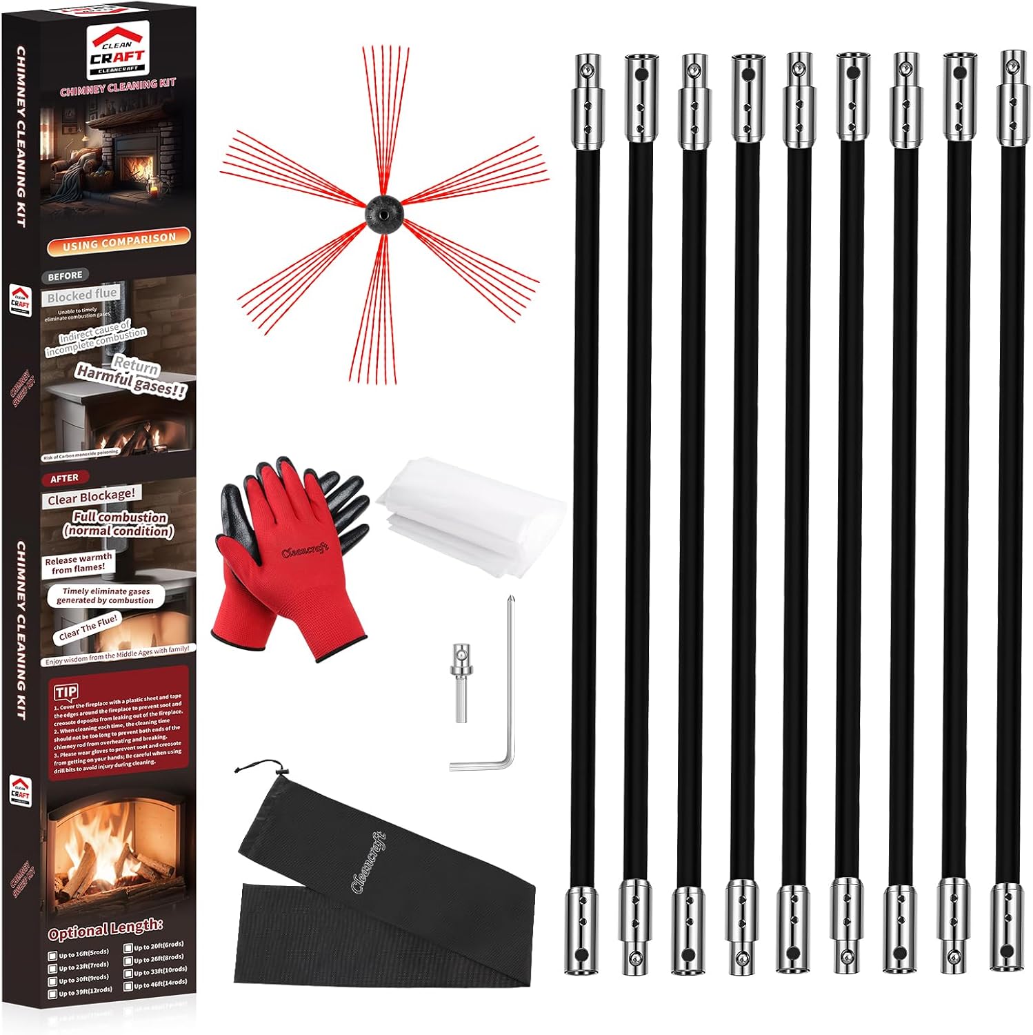 30 Feet Chimney Sweep Kit, Chimney Cleaning Kit with 9 Flexible Black Chimney Rods, Chimney Brush for Sweeping Fireplace, Rotary Chimney Cleaning System Driven by Drill