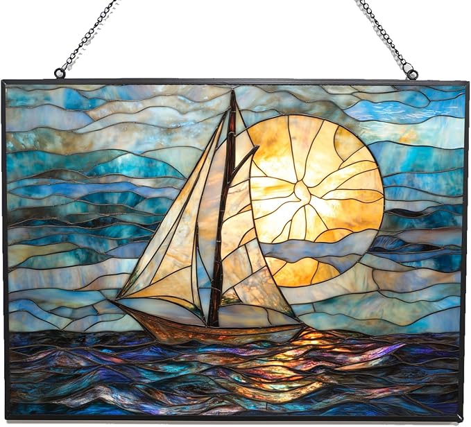 Rectangle Art Nouveau Horizon Sailboat Stained Glass Sun Catcher, Wall Hanging by 365CUSGIFTS
