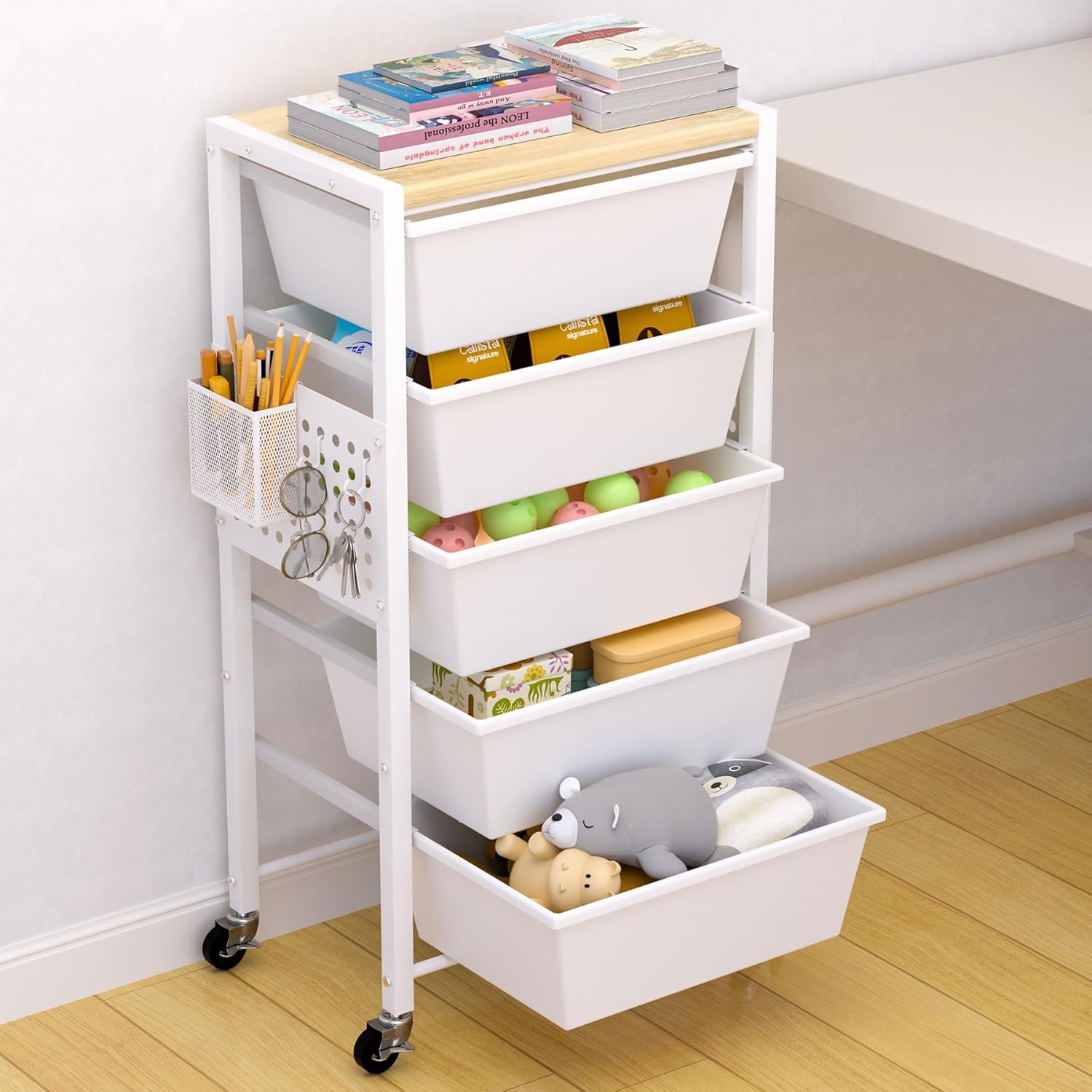 Rolling Cart with Drawers, Rolling Storage Cart with 5 Large Plastic Drawers & Wooden Tabletop, Utility Cart with Pegboards & Basket, Storage Drawers Cart for Living Room, Classroom, Bedroom, Office