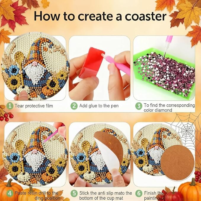 LWZAYS 8 Pcs 5D Autumn Gnome Diamond Art Coasters Kits - Image 5