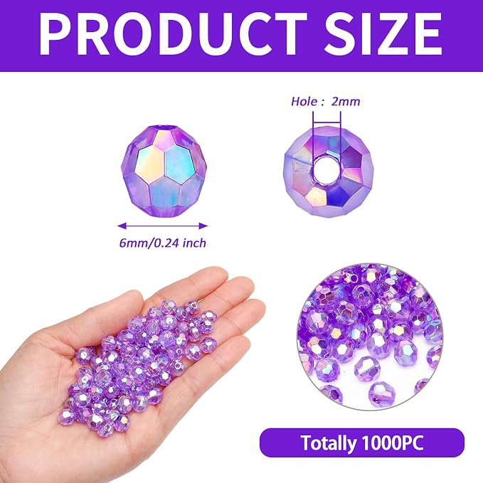 BONNY BOXX 1000pcs 6mm Acrylic Faceted Round Crystal Beads Transparent Purple - Image 2