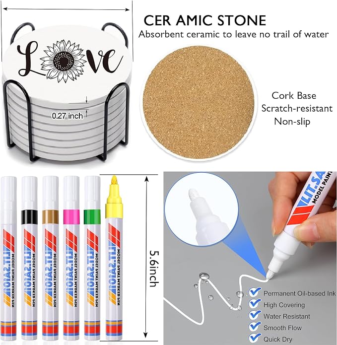 6 Absorbent Ceramic Tiles with Cork Base, Paint Your Own Sunflower Coaster | - Image 5