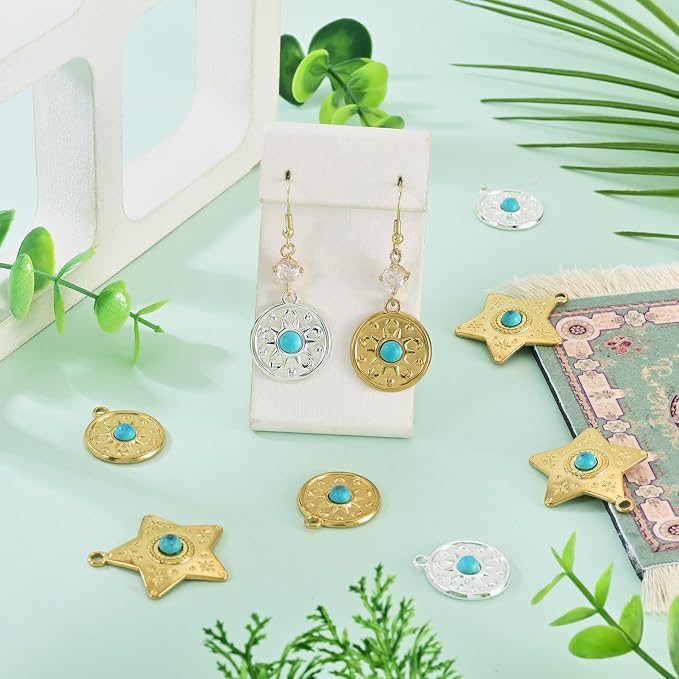 Sun Star Synthetic Turquoise Stone Charms Bohemian Style Charm | 9Pcs Gold - Image 3