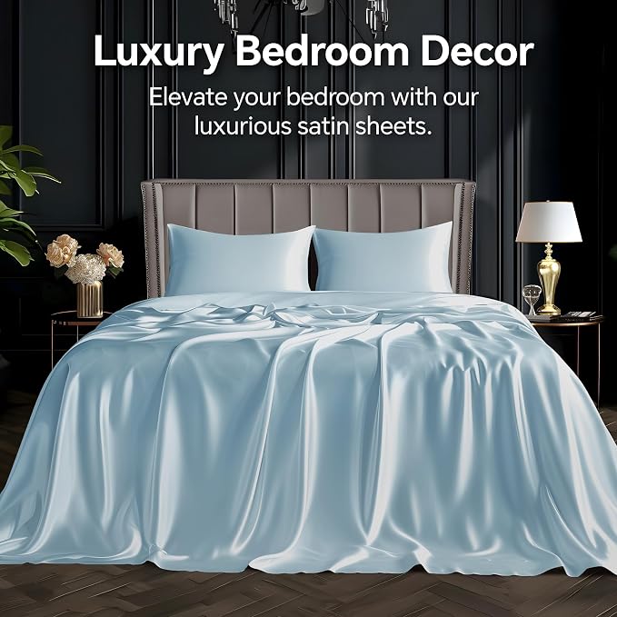 BEDELITE Satin Sheets Twin Size Bed Set, Luxury Soft Light Blue Silky Sheets - Image 2