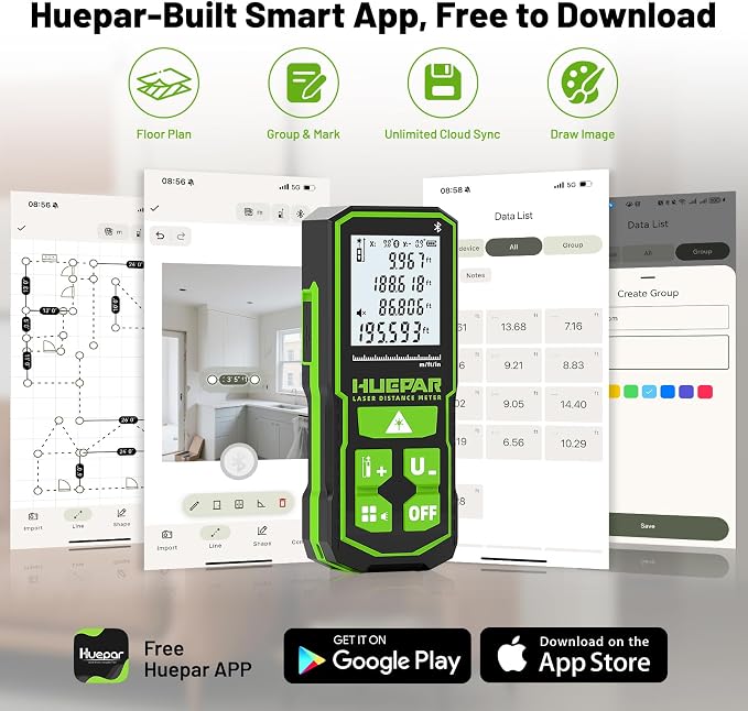 Huepar 200Ft Bluetooth Laser Measuring Tool S60-BT, APP Control, Rechargeable - Image 2