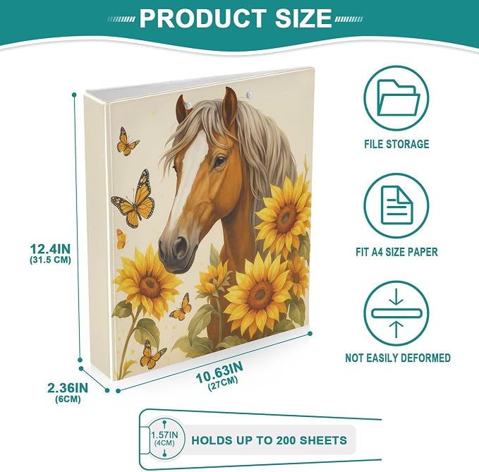 Horse Round Ring Binders 1.5 Inch Butterfly Sunflower 3 Ring Clipboard Binder - Image 4