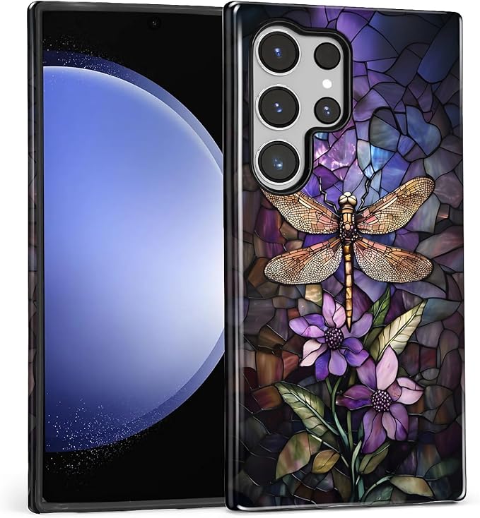 for Samsung Galaxy S24 Ultra Case, Stained Glass Dragonfly Pattern Glossy 2 in by Teonvpu