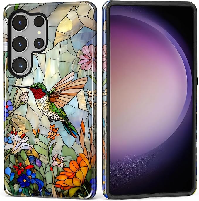 for Samsung Galaxy S25 Ultra Case, Hummingbird Wildflower Stained Glass Pattern by Teonvpu