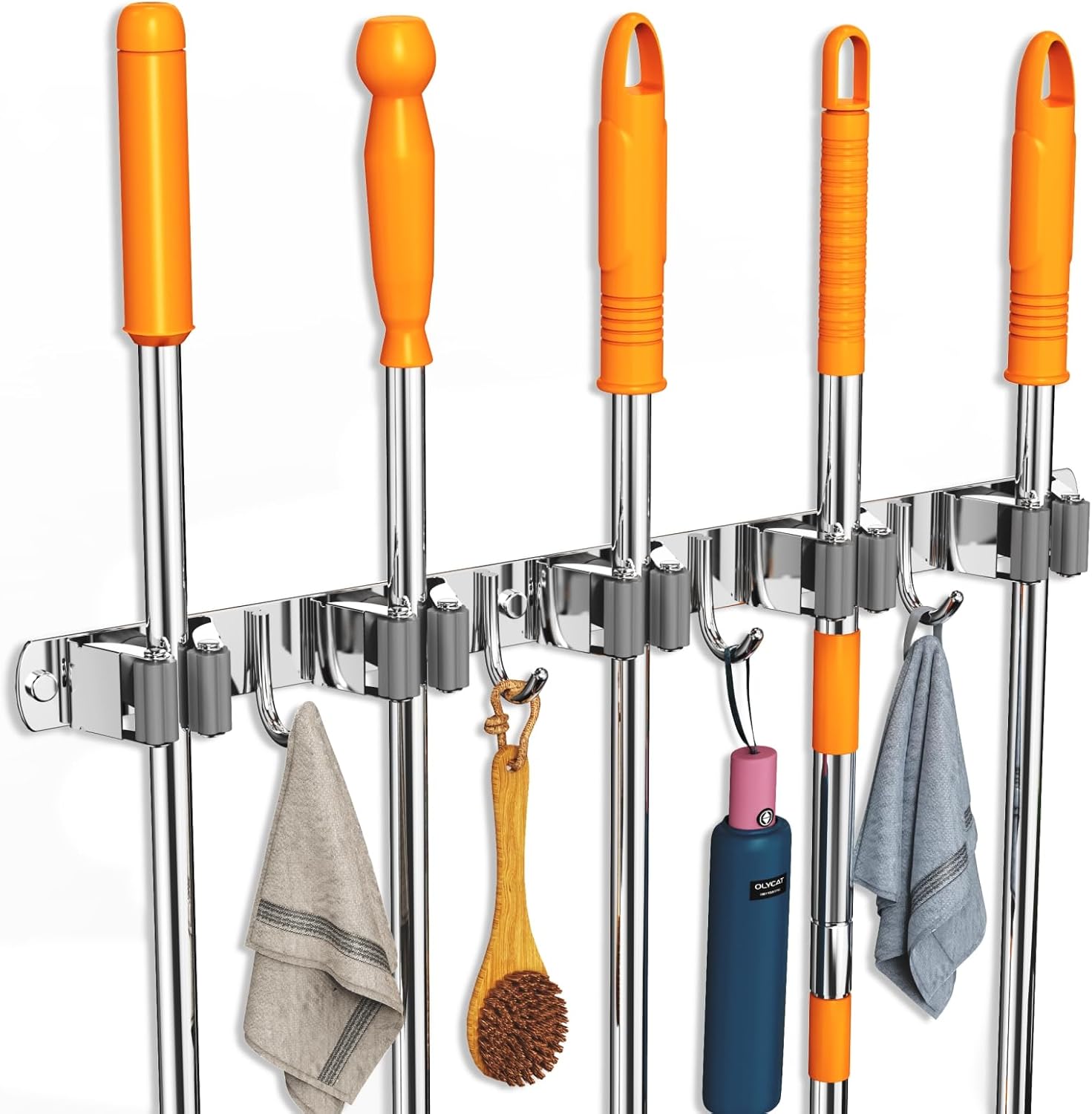 Broom and Mop Organizer Wall Hanging, Upgraded Mop and Broom Holder Wall Mount, Stainless Steel Broom Hanger Wall Mount for Laundry Room Organization and Storage（5 Racks with 4 Hooks）