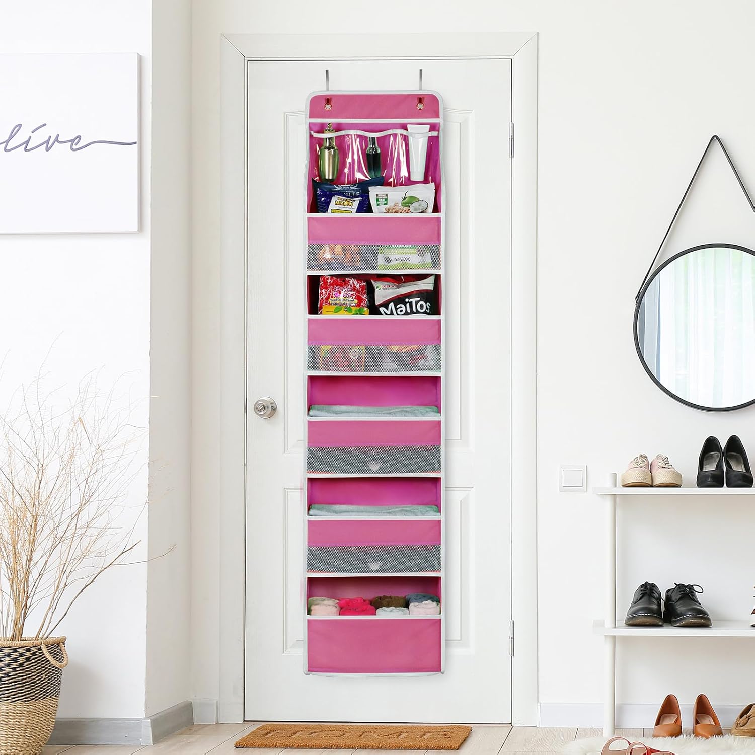 Univivi 6-Shelf Over Door Hanging Organizer Fabric Baby Door Storage with 5 Large Pockets and 3 Small PVC Pockets Wall Mount Hanging Storage Organizers for Baby Essential (Pink)