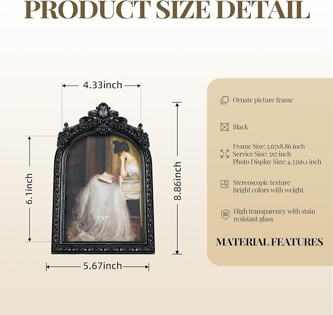 5x7 Vintage Black Picture Frame, Ornate Arched Photo Frame, Glass Front - Image 5