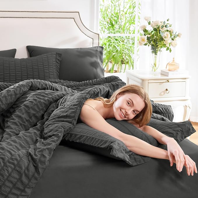 CozyLux Queen Comforter Set Dark Grey Seersucker 7 Pieces Bed in a Bag Queen - Image 8