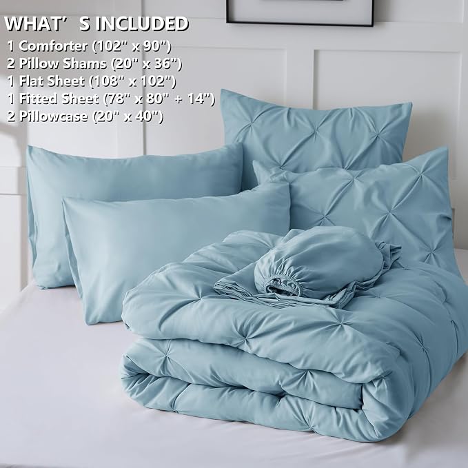 HIMEET Pintuck Bed in a Bag, 7 Pieces King Size Comforter Set Light Blue - Image 8