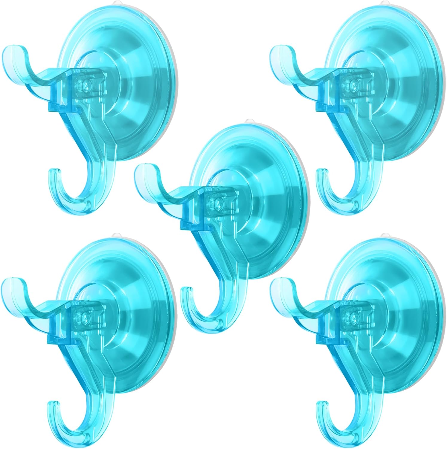 Antimbee Suction Cup Hooks, 5 Pack Shower Wall Suction Cup Hangers, Heavy Duty Vacuum Suction Cups, Reusable Bathroom Suction Hooks for Window, Tile Wall, Glass Door-2 Hooks Design(Transparent Cyan)