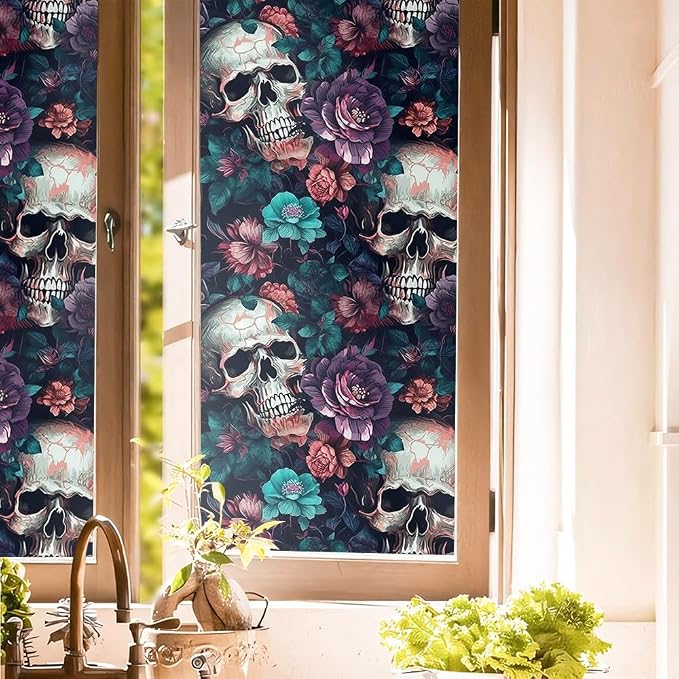 REDAMANCY Gothic Purple Flowers Skull Window Film Decorative Double-Side by Unknown