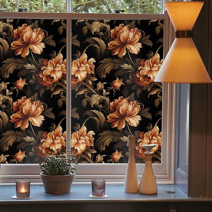 Vintage Dark Black Orange Brown Peony Florals Stained Glass Window Films - Image 3