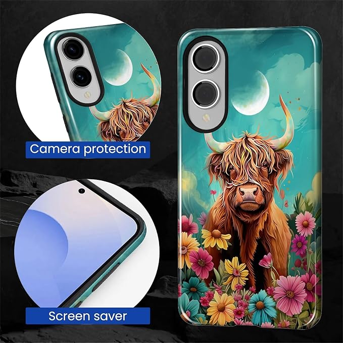 for Samsung Galaxy S25 Edge Case, Highland Cow Flower Pattern Glossy 2 in 1 - Image 6