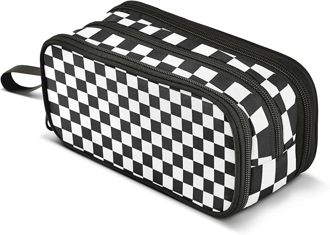 Black White Checkered Pencil Case Box Boys Girls Large Pencil Pouch Zipper by BOENLE-WELCOMEYOURCOMING