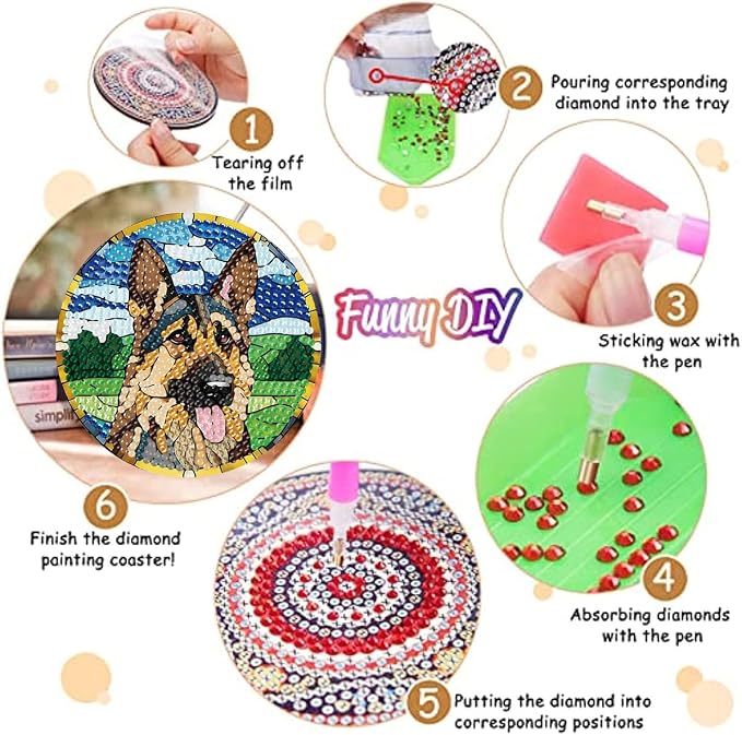 8 Pack Diamond Art Coasters, Dog Animal Diamond Painting Coasters Kits | Dog - Image 3