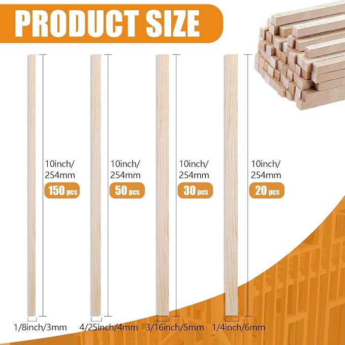 250Pcs Balsa Wood Sticks, Square Wooden Dowels Hardwood Square Dowels | 1/8 - Image 2