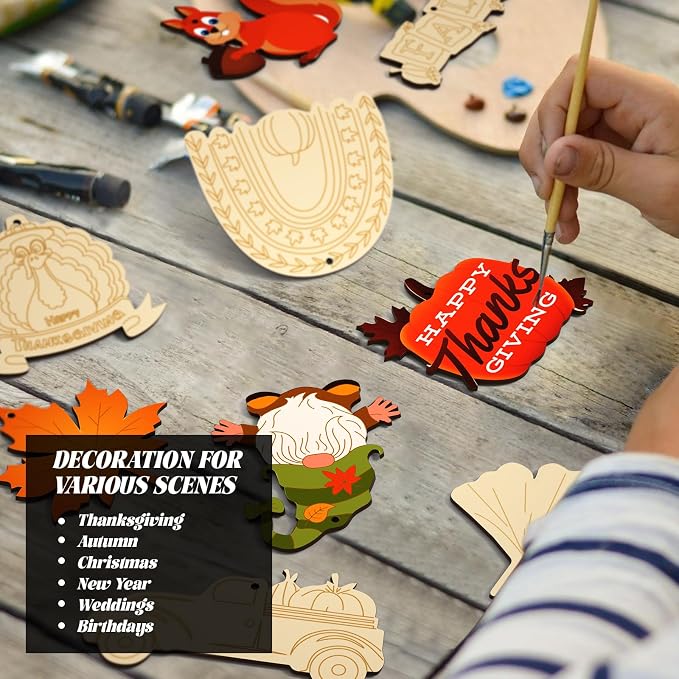 Subacy 80 PCS Unfinished Thanksgiving Wood Cutouts 10 Styles DIY Wooden Crafts - Image 7