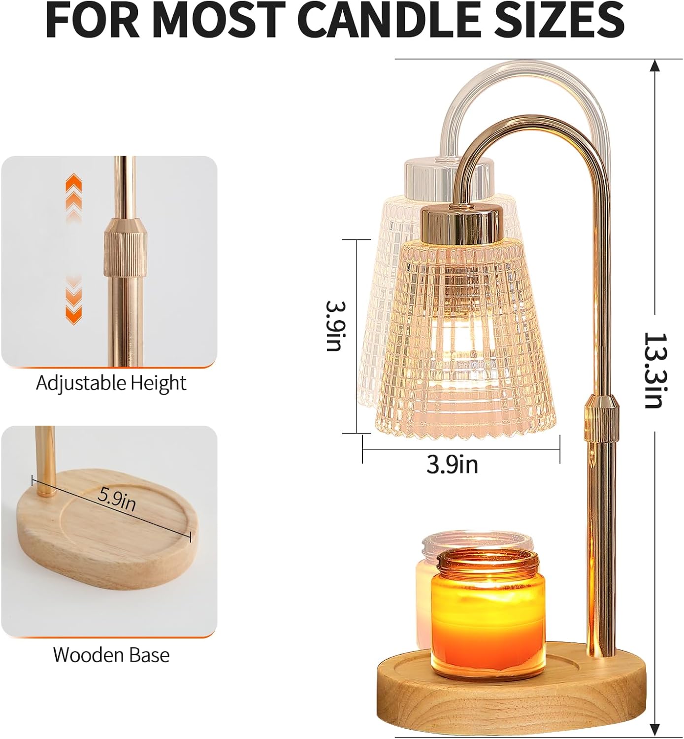 Gold Candle Warmer Lamp with Timer and Dimmer,Fragrance Electric Wax Melt Warmer with 2 Bulbs,Scented Jar Lamp,Mother's Day/Birthday/Christmas Gifts for Mom/Wife,Home Decor,Adjustable Height