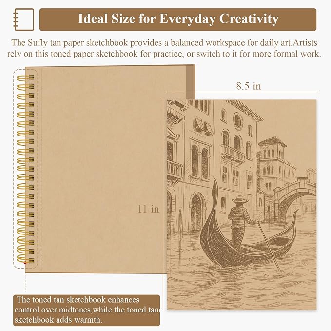 SuFly Toned Tan Sketch Pad, 8 1/2 x 11 Sketchbook, 60 Sheets - 90lb/150gsm - Image 2