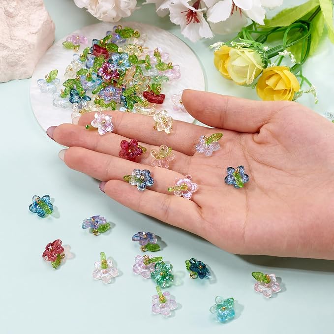 FASHEWELRY 120Pcs 12 Colors Transparent Glass Flower Charms 19mm Colorful - Image 3
