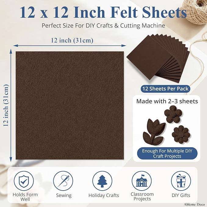 12" x 12" Felt Sheets for Crafts, 2mm Stiff Felt Fabric, Polyester Felt Squares - Image 3