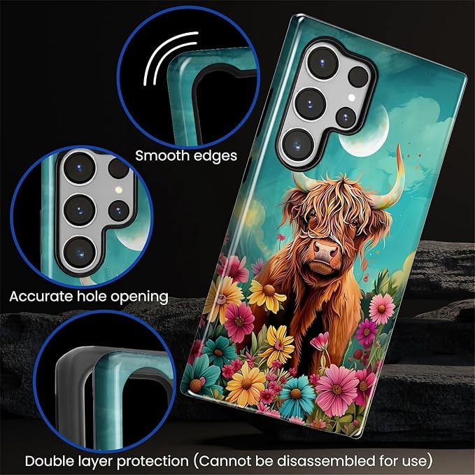 for Samsung Galaxy S24 Ultra Case, Highland Cow Flower Pattern Glossy 2 in 1 - Image 5