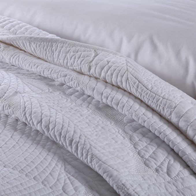 ROOMLIFE Queen Quilt Set Palm Leaves Pattern 3 PCS 100% Cotton Soft Breathable - Image 3