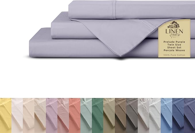 Linen Home 100% Cotton Percale Sheets Twin Size, Prelude Purple, Deep Pocket by LINENHOME