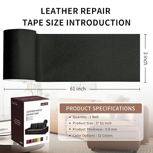Leather Repair Patch Tape, Gloss Black 3 x 61 Inches Self Adhesive Leather - Image 2
