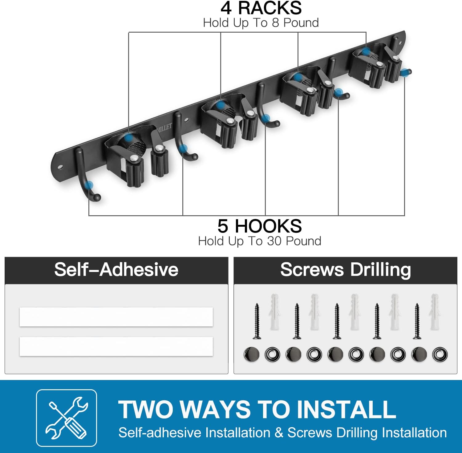 IMILLET Broom and Mop Holder Wall Mounted, Stainless Steel Broom Organizer Heavy Duty Tools Organizer Self Adhesive Mop Holder for Home Laundry Room Garage Garden (4 Racks and 5 Hooks)